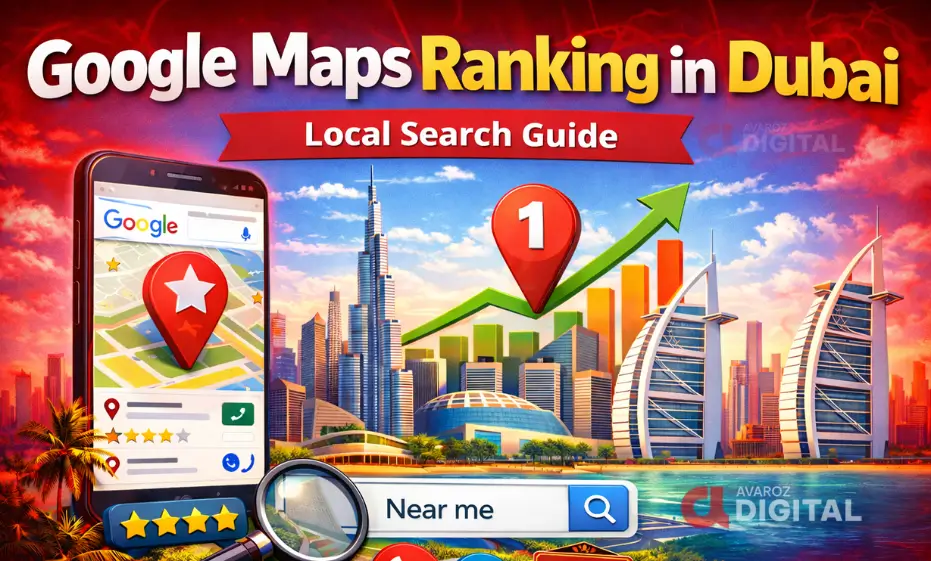 Google Maps ranking in Dubai visual showing local search growth, top map position, reviews, and business visibility