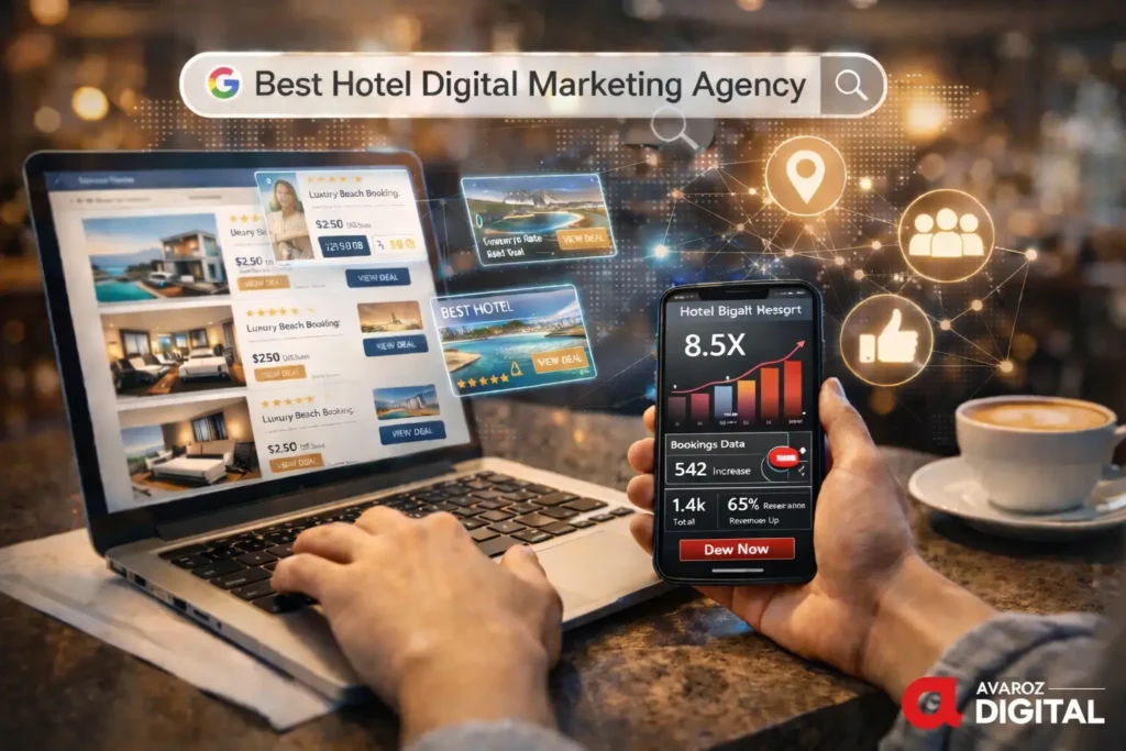Hotel digital marketing agency showcasing online booking growth, performance analytics, and data-driven hotel marketing