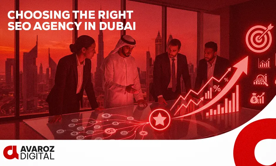 Business team analyzing SEO growth strategy in Dubai while evaluating the right SEO agency