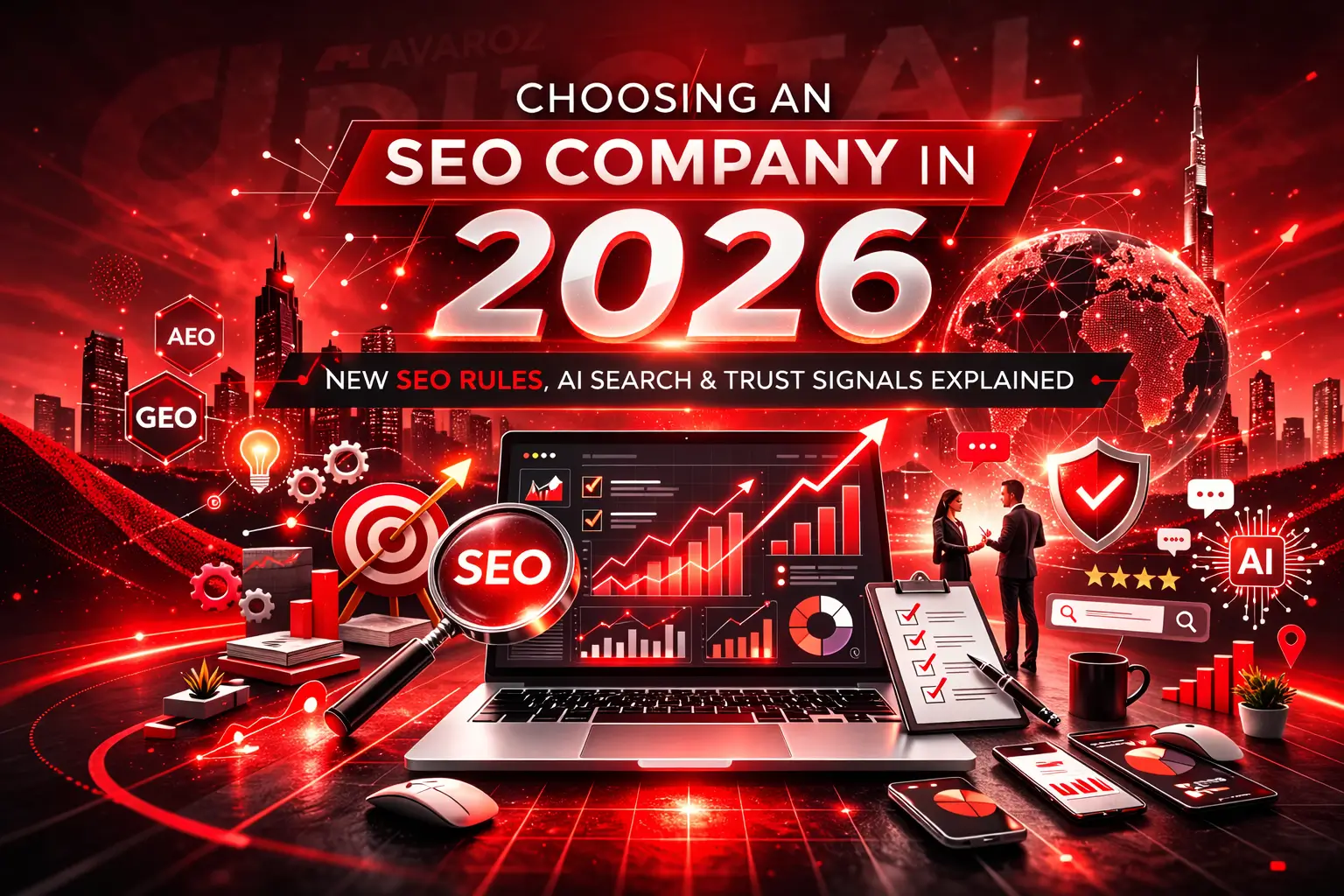 choosing an SEO company in 2026 highlighting AI search, AEO, GEO, analytics dashboards, trust signals, and business growth strategy.