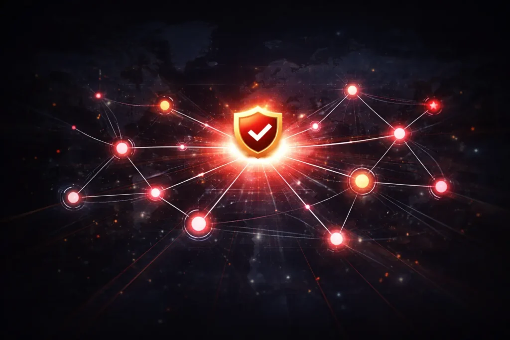 Choosing an SEO Company in 2026: A New Era, New Rules 1 Entity-based SEO network illustration showing connected authority nodes and trust shield concept for topical authority in 2026