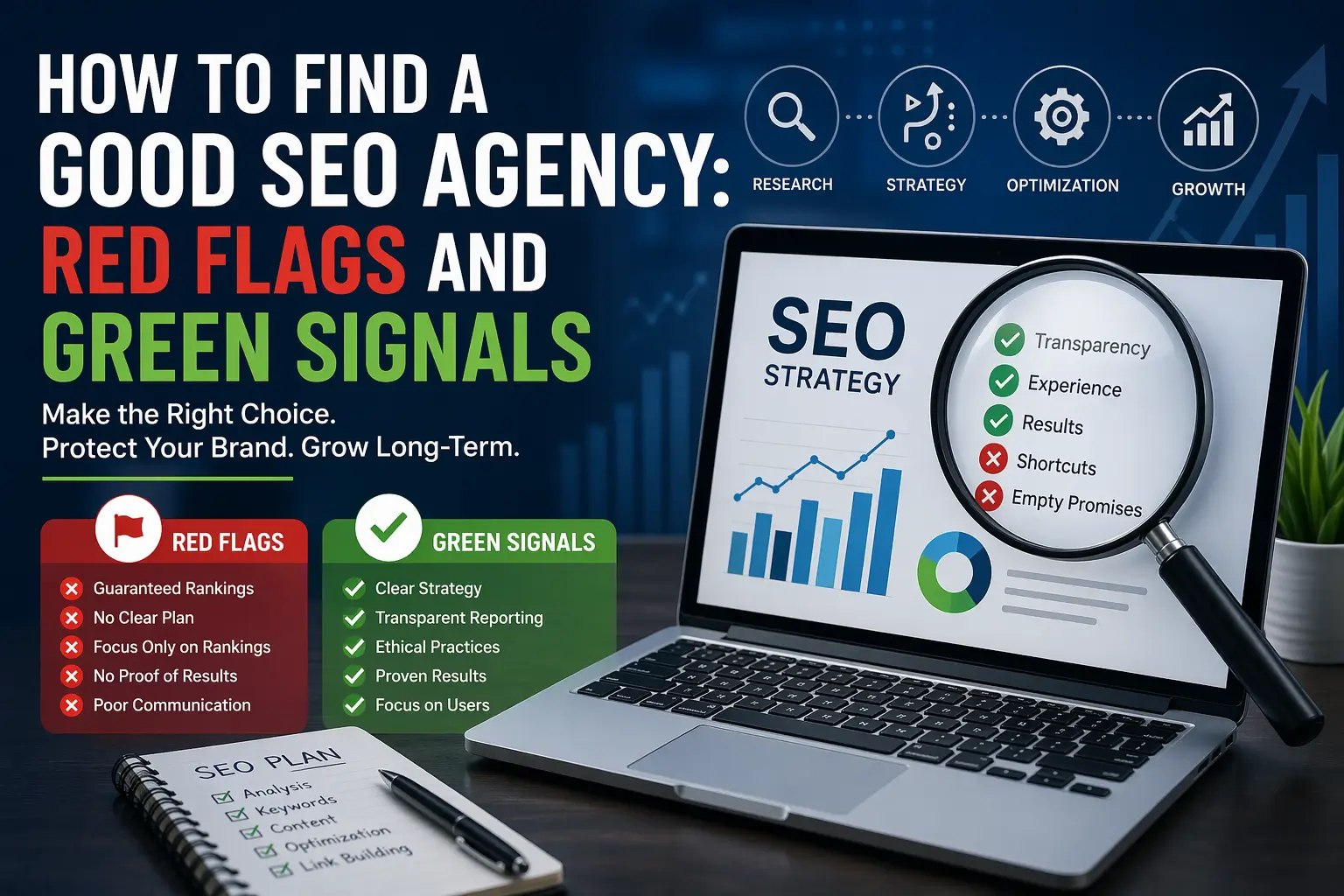 Guide showing red flags and green signals when choosing a reliable SEO agency