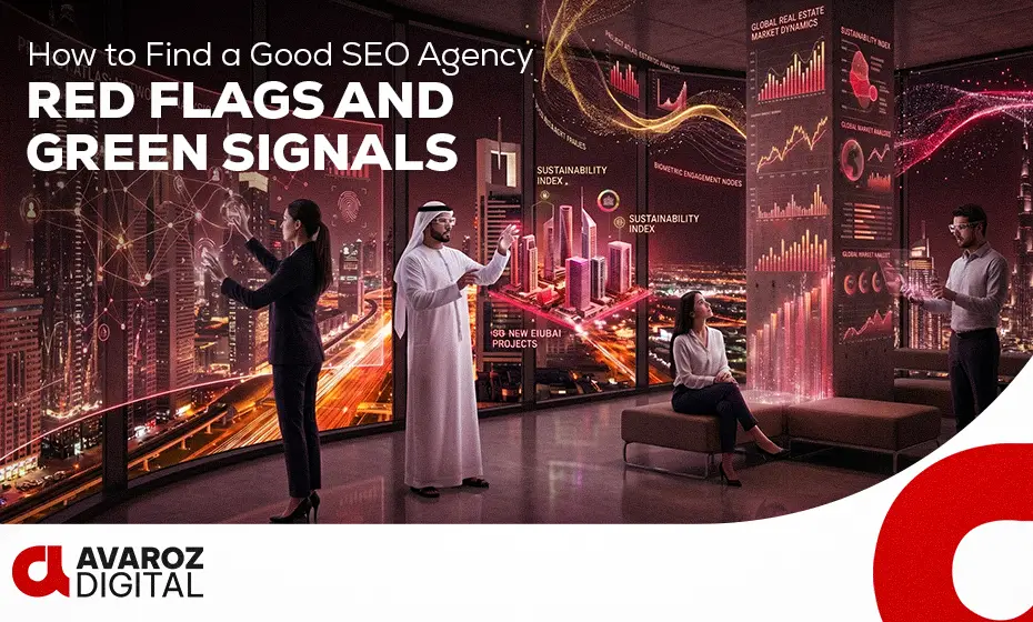 Visual representation of SEO agency selection process with red flags and green signals