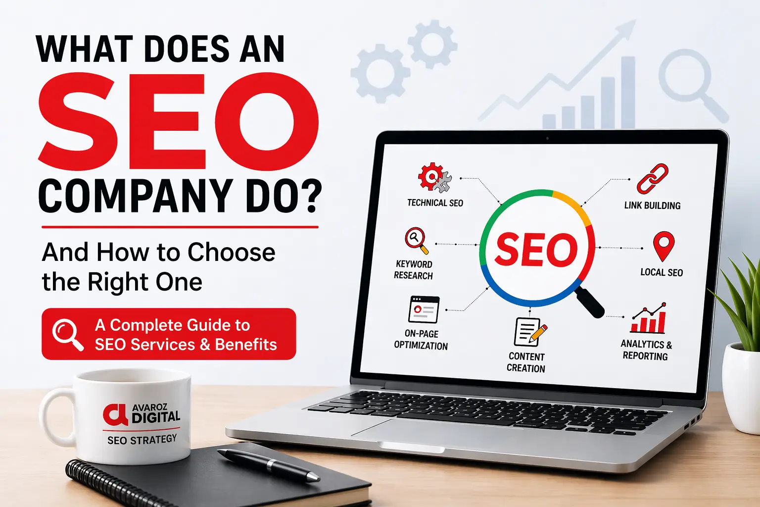 Guide showing how an SEO company works and the main SEO services provided.