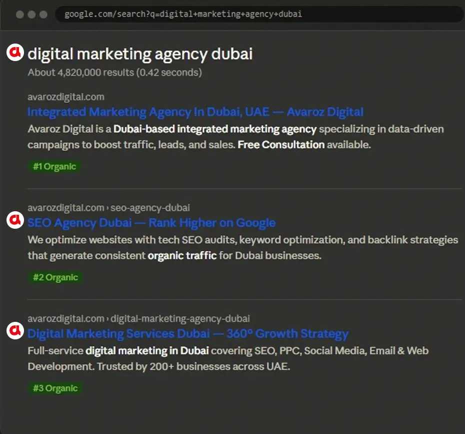 Google search results showing digital marketing agency Dubai ranking on page one
