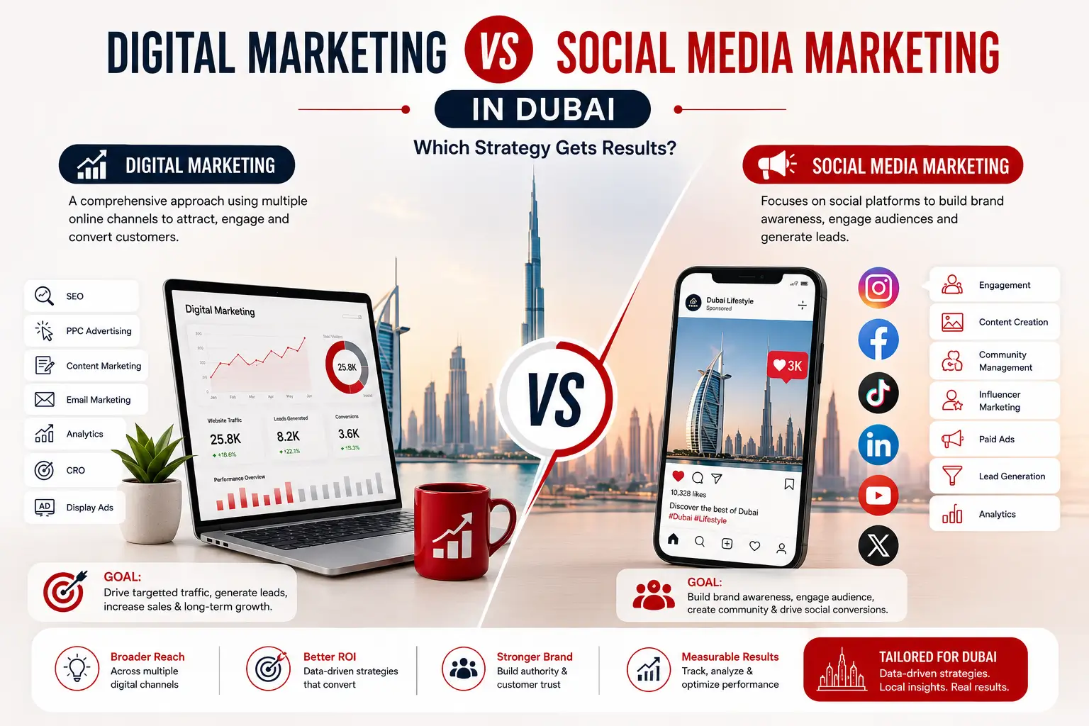 Comparison infographic showing digital marketing vs social media marketing strategies for businesses in Dubai