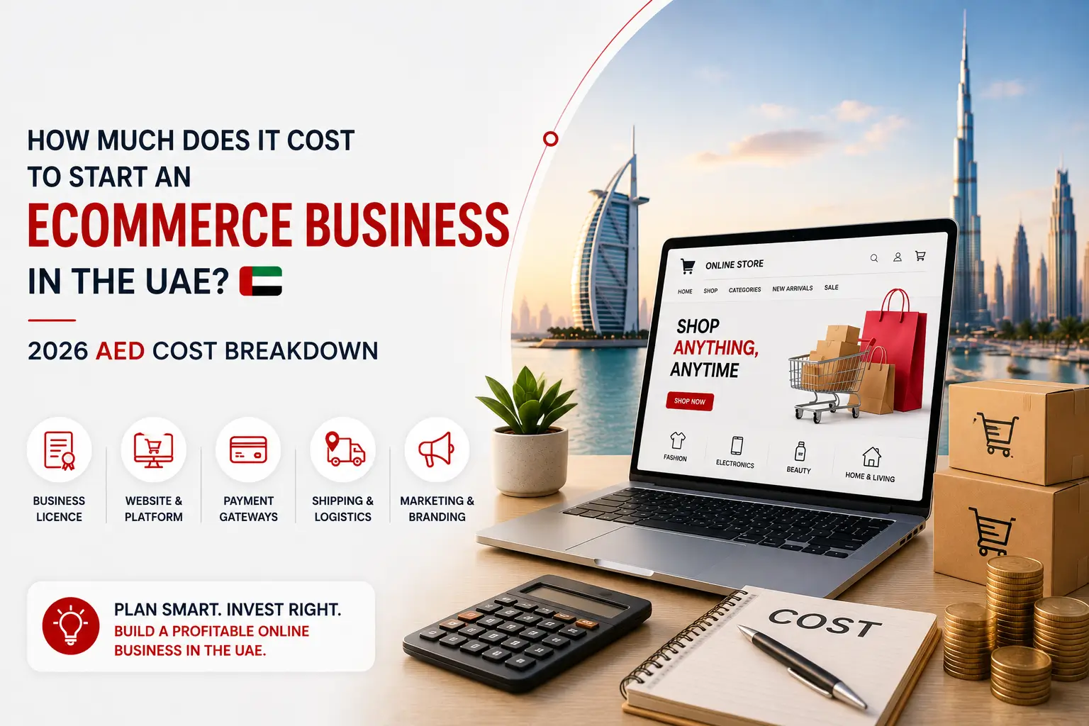 Infographic showing the cost to start an ecommerce business in the UAE with a 2026 AED cost breakdown